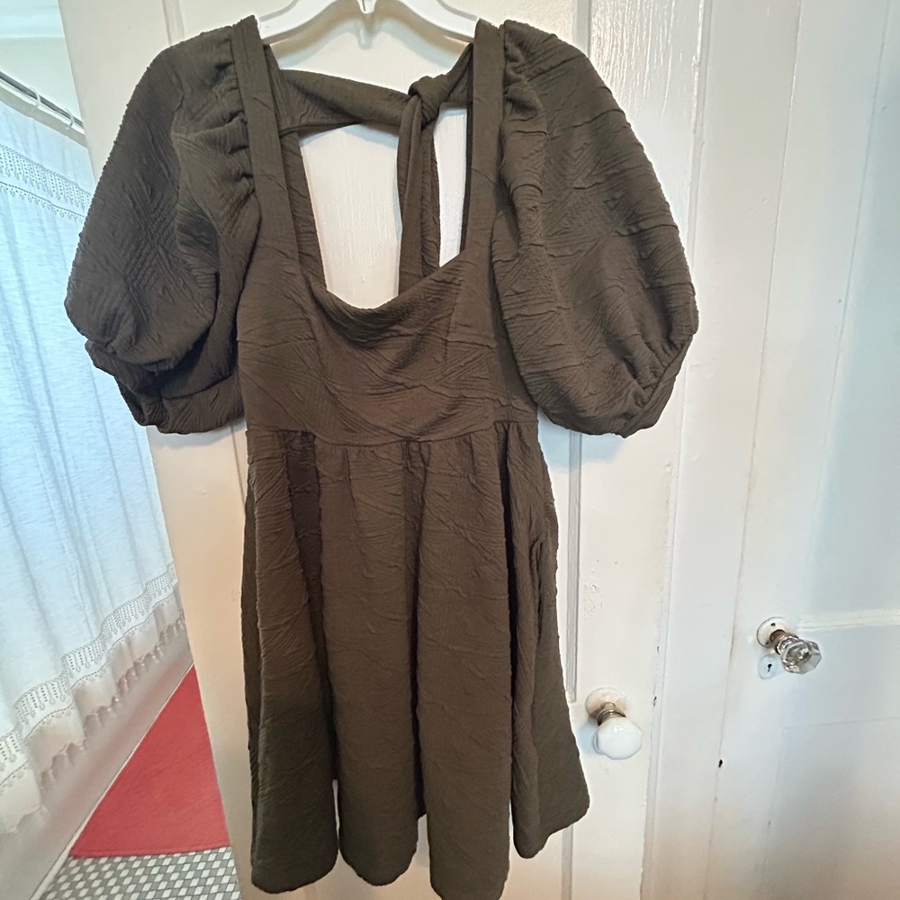 Olive Green Puff Sleeve Dress